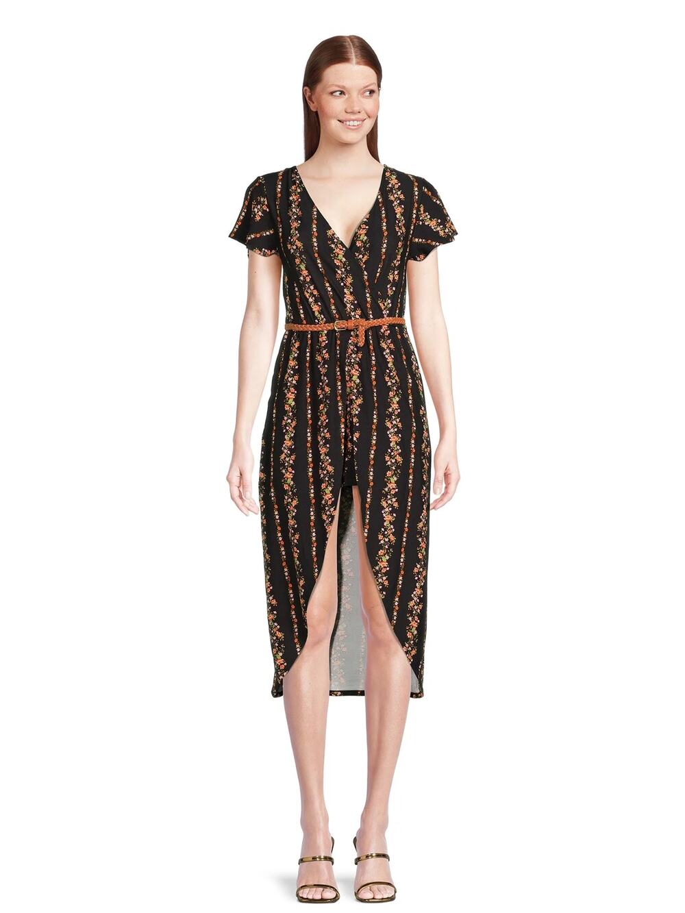 No Boundaries Walk Thru Black Short Sleeve Floral High Low V Neck Romper Dress S